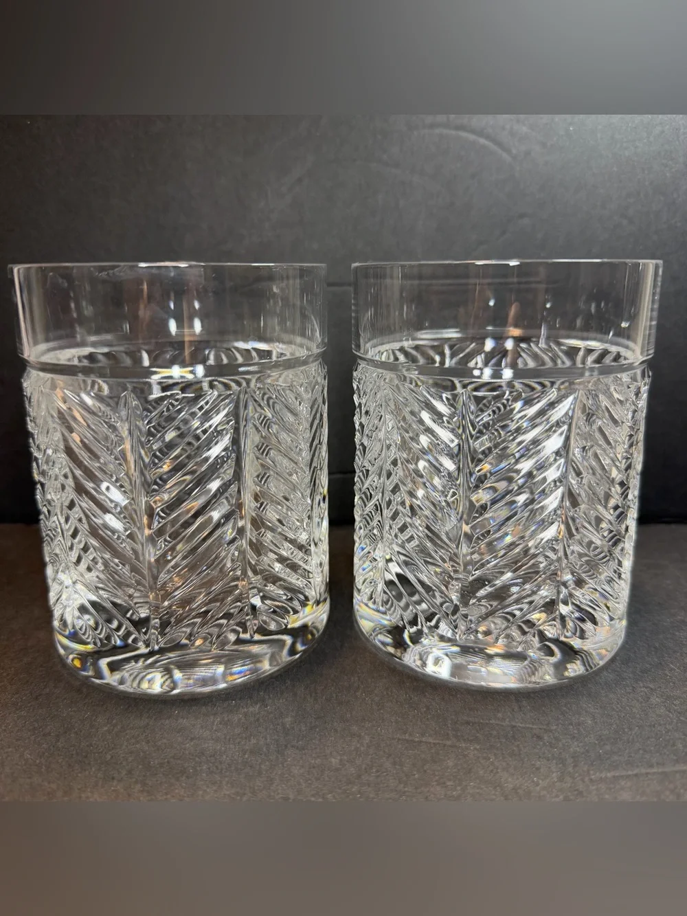 Ralph Lauren Herringbone Crystal Double Old Fashioned Whiskey Glasses Pair